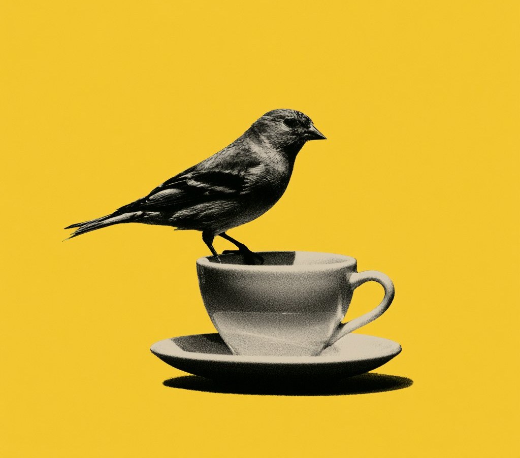 A goldfinch perched on a coffee cup — Goldfinch Coffee